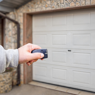 Sioux City security key fob pointing to a garage door