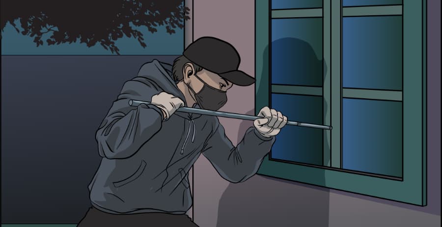 Illustration of burglar forcing entry through a window in Sioux City